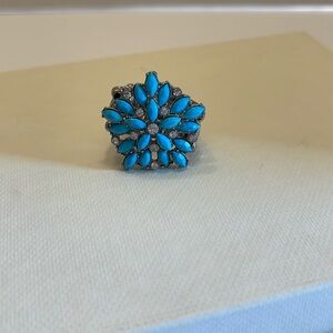 Vintage Ring Stretch Turquoise Enamel Flower Crystals Faux  Silver Tone